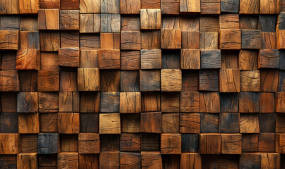 Abstract 3D Rendered Timber and Wood Wall Background with Natural Textured Square Tiles for Rustic Design Themes