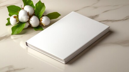 Fototapeta premium Cotton-inspired notebook design on a marble background. Generative AI