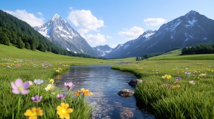 A serene landscape with mountains, flowers, and a flowing river.