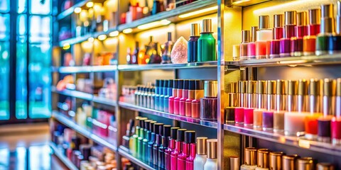 Blurred Cosmetics Store Shelves: Diverse Products & Copy Space