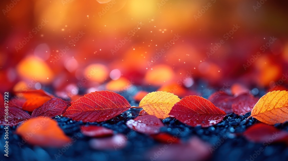Poster a close-up view of colorful autumn leaves scattered on a dark surface with a soft glow.