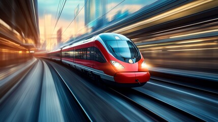 Obraz premium A red train is speeding down the tracks