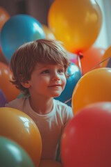 Happy child surrounded by colorful balloons in a cheerful indoor setting during a festive celebration