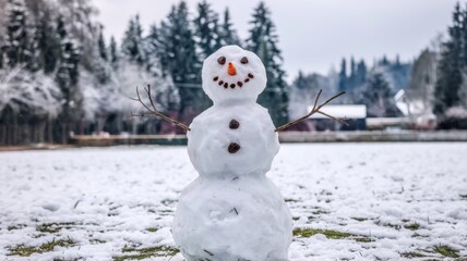 Adorable snowman standing on a snowy field with a winter backdrop.