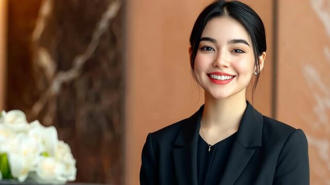 A smiling young professional woman in a modern office setting exuding confidence.