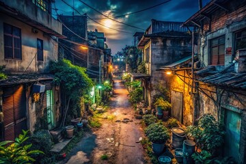 Fototapeta premium Hanoi Suburb Night Alley: Drone View of Deserted, Dangerous Backstreet
