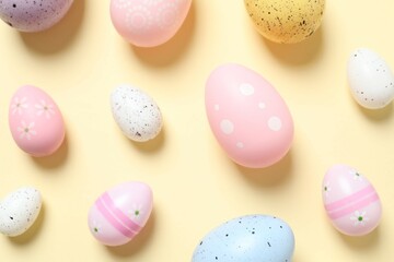 Happy Easter card. Easter eggs and decoration on color background, top view