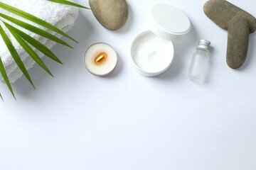 Composition with symbolic objects for spa salon. Stone therapy attributes for cosmetic procedures....
