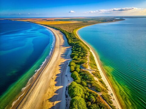 Breathtaking Panoramic View of Arabat Spit, Ukraine: Azure Sea, Golden Sands, and Endless Sky