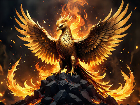 Fiery eagle or phoenix with fire. 300dpi