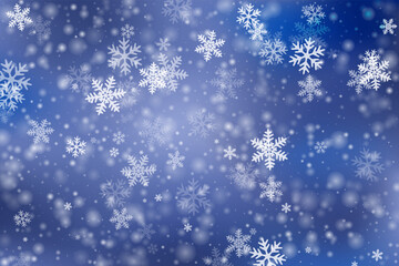 Random flying snowflakes composition. Wintertime fleck ice elements. Snowfall sky white blue background. Rime snowflakes new year theme. Snow nature landscape.