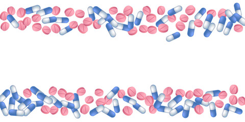 Antibiotic pills medical vector illustration. Capsule drugs and tablets illness prescription elements. Blue white and pink  capsules, first aid treatment or vitamins. Therapy cure drugs.