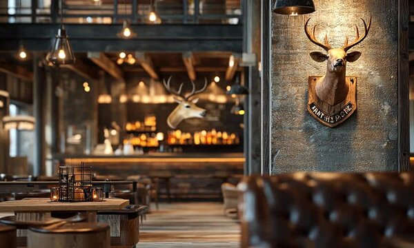 Rustic interior of a cozy lodge with wooden furniture, taxidermy on display, warm lighting, and inviting atmosphere for relaxation and dining experiences