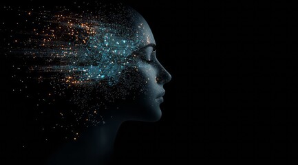 Digital human head with glowing digital circuitry, representing artificial intelligence and machine learning concepts. Abstract background of futuristic technology and data flow for design use.  1