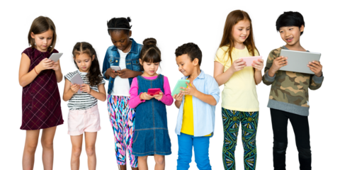 Png children using digital devices, transparent background