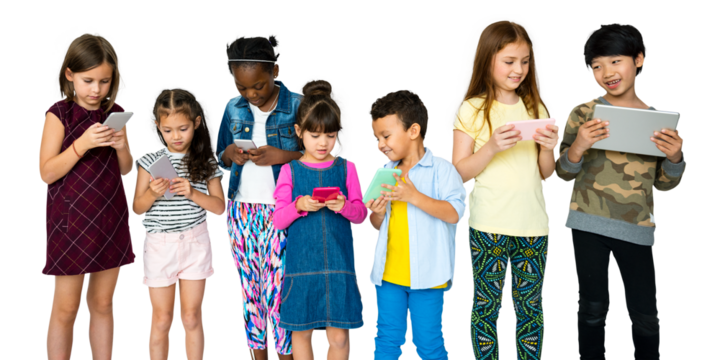 Png children using digital devices, transparent background