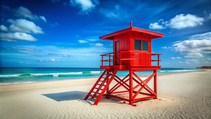 Calm Turquoise Ocean, Red Lifeguard Tower on Sandy Beach, Clear Blue Sky - Summer Vacation Stock Photo