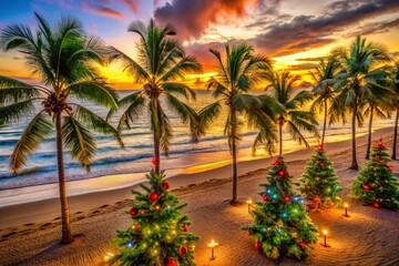Fototapeta premium Hawaiian Christmas Sunset: Palm Trees, Beach, Festive Decorations - Stock Photo
