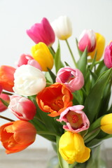 Beautiful fresh tulips on light background