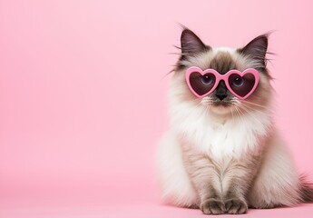 
A cute, fluffy cat wearing heart-shaped sunglasses against a pastel pink background.