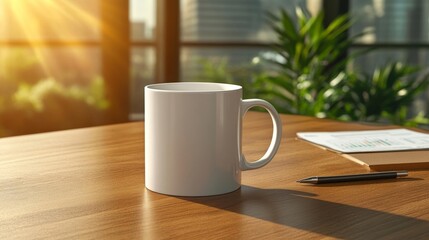 Fototapeta premium White Mug on a Wooden Desk in a Sunny Office. Generative AI