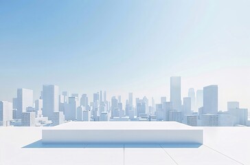 White platform overlooking a minimalist city skyline under a bright blue sky.