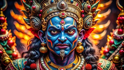 Fototapeta premium Candid Shot: Hindu Deity Depiction, Mysterious Figure, Intense Gaze, Demonic Features, Religious Art