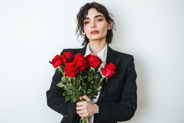 Stylish transgender in black suit holding vibrant red roses on a minimal white background