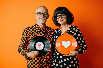 Stylish retro couple holding heart-themed vinyl records against a bold orange background