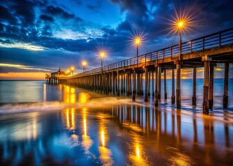 Fototapeta premium Capitola Pier Night Photography: Illuminated Seaside Landmark at Dusk