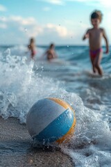 Children enjoy a sunny day at the beach while playing with a colorful beach ball in the water