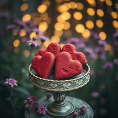 Valentine&rsquo;s Red Velvet Heart Cookies on a rustic floral stand