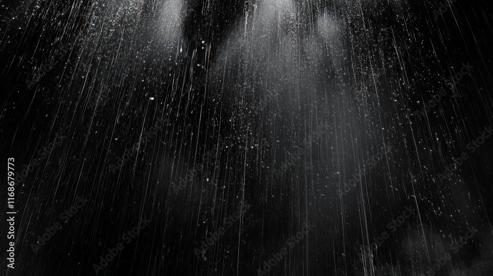 Poster a close-up view of rain falling against a dark background, creating a moody atmosphere.