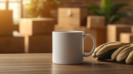 Minimalist White Mug on a Home Office Table with Moving Supplies. Generative AI