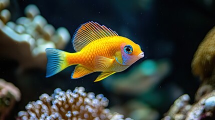 Obraz premium Brightly colored damselfish weaving in and out of coral formations.