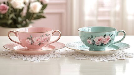 Fototapeta premium Two elegant teacups with rose decoration resting on saucers in soft pastel colors