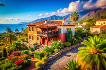 Fototapeta premium Charming Casa Parroquial in Buenavista del Norte, Tenerife: Tilt-Shift Miniature Village Scene