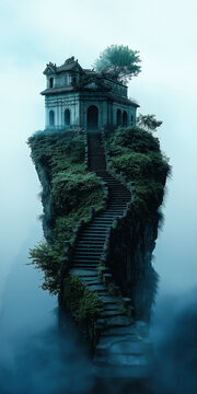 Mysteri&ouml;se Architektur auf einer Klippe in einer nebligen Umgebung

