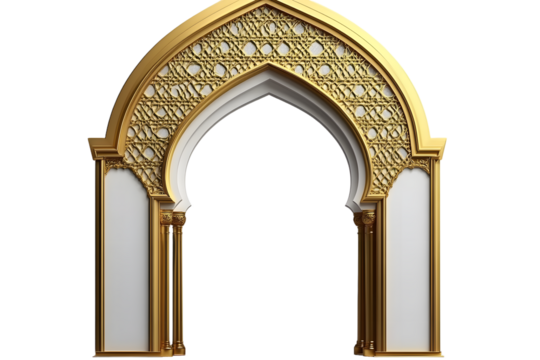 Arabic golden arch isolated on transparent background. 3D render Islam architecture shape for muslim holidays. Design elements door, frame, window. Realistic vector illustration. PNG. Ramadhan.