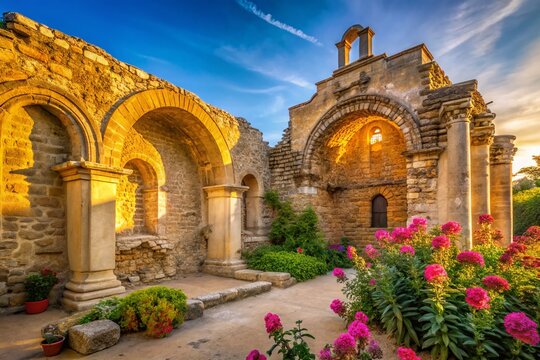 Historic Chapel Ruins, San Juan Capistrano Mission, California - Sunlit Stone Architecture Stock Photo