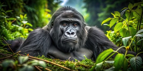 Fototapeta premium A grieving gorilla, a poignant portrait of endangered primate sorrow amidst a desolate landscape.