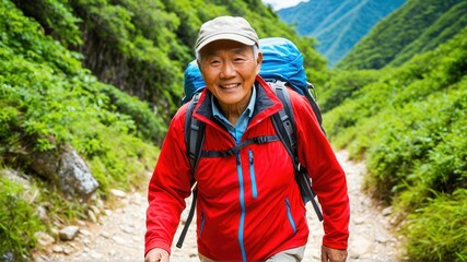 Fototapeta premium Elderly man enjoying a mountain hike on a sunny day