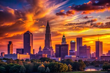 Fototapeta premium Cleveland Ohio Downtown Skyline Silhouette at Sunset - Dramatic Cityscape Stock Photo