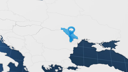 Fototapeta premium Blue Moldova 3d map with pointer pin surrounded with other countries in white. Europe political map with borders. 3d render illustration