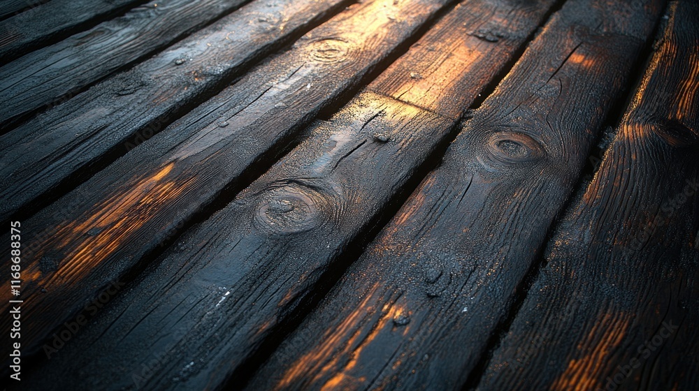 Aufkleber a close-up view of weathered wooden planks with a warm glow from light reflecting on the surface.