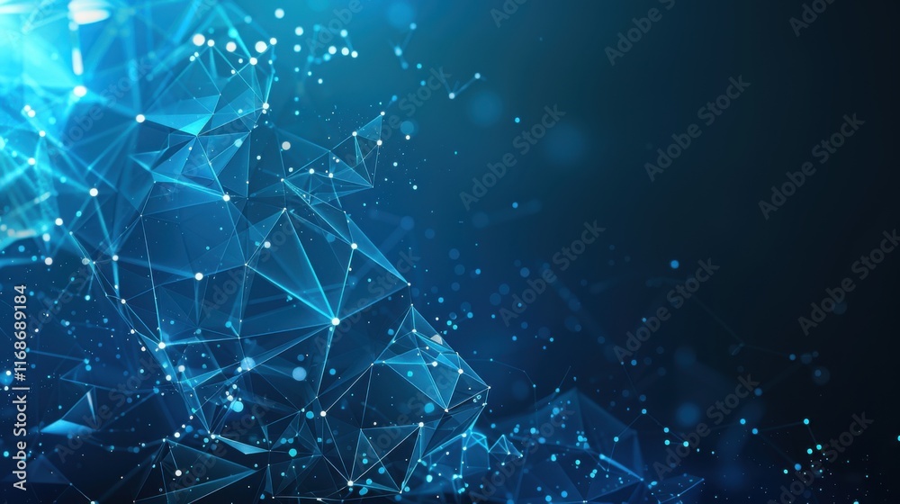 Poster abstract technology of low poly triangle shape with dots and lines network dynamic on blue cyber spa