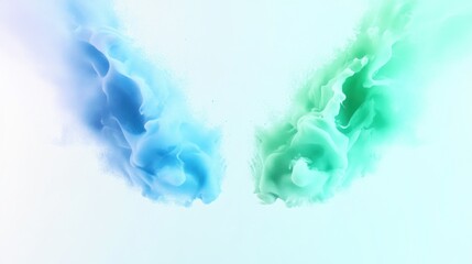 Abstract fluid shapes in blue and green tones on a light background.