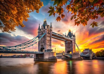 Iconic Tower Bridge at Sunset, Autumn Leaves, London