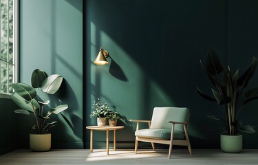 Sunlit room, green walls, armchair, plants, wooden table.