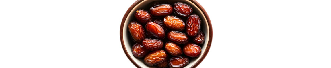 Collection bowl of dried date fruits isolated on a transparent background, top view